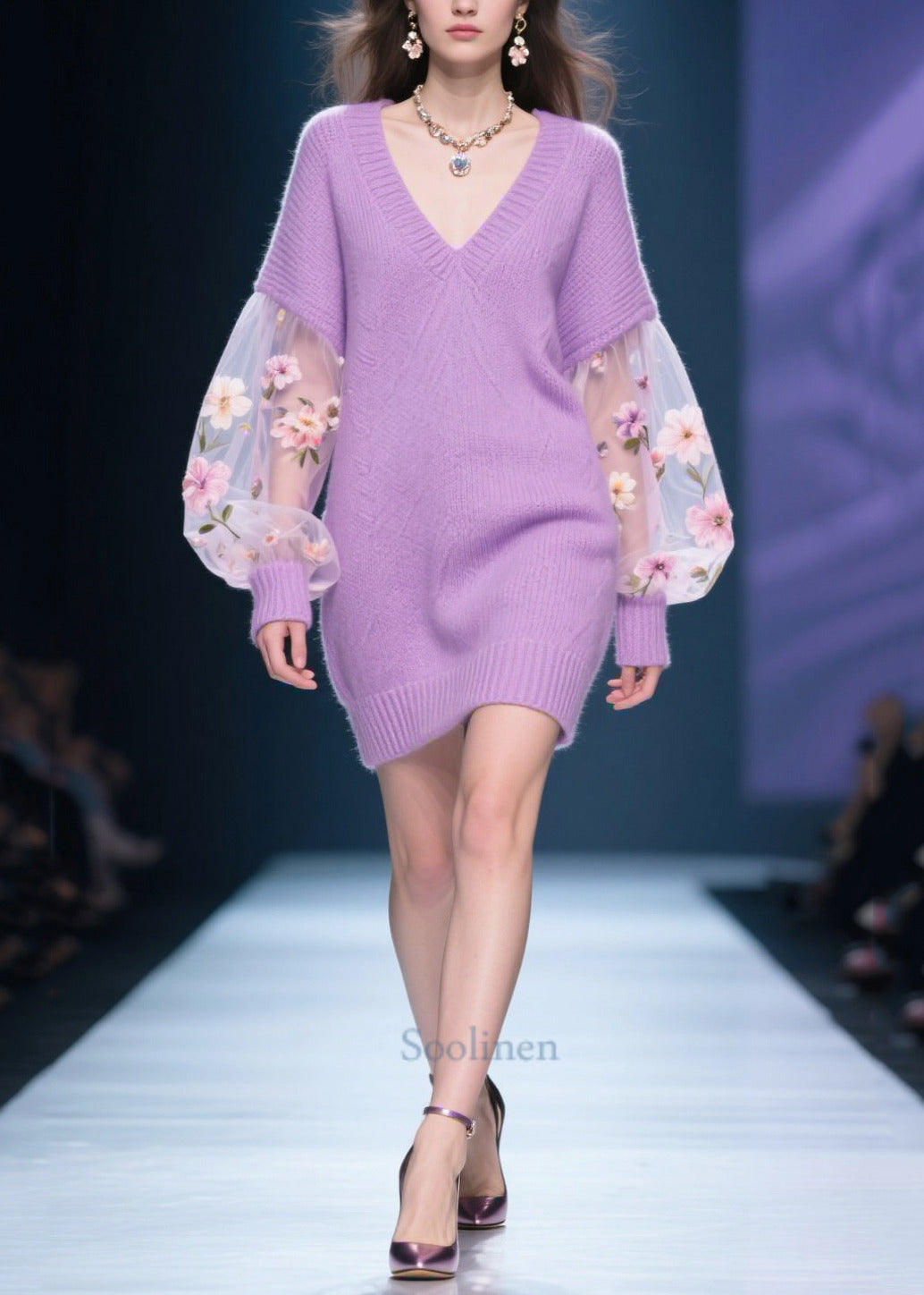 Chic Purple V Neck Patchwork Tulle Knit Sweater Dress Winter