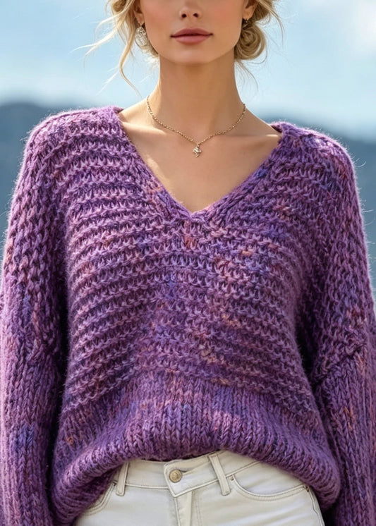 Chic Purple V Neck Thick Patchwork Knit Sweaters Fall