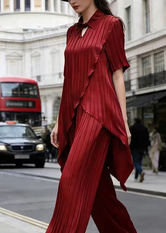 Chic Red Asymmetrical Top And Pants Silk Two Pieces Set Summer