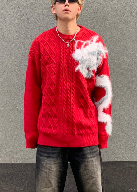 Chic Red O Neck Cozy Patchwork Knit Mens Sweaters Spring