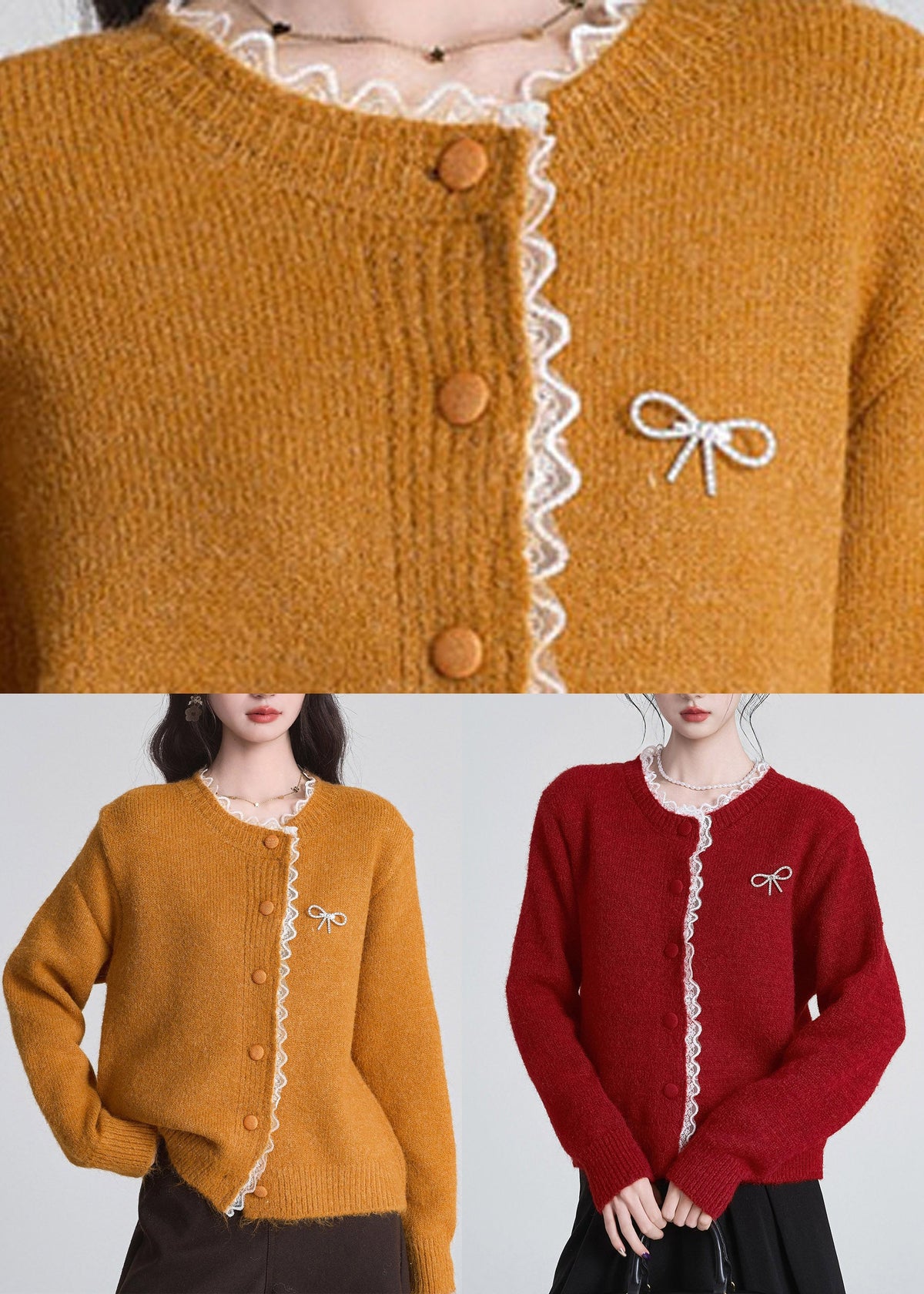 Chic Red O-Neck Lace Patchwork Cotton Knit Cardigan Fall