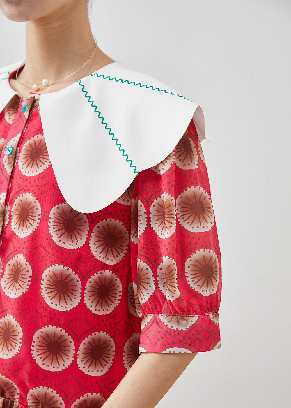 Chic Red Peter Pan Collar Print Chiffon Long Dress Summer