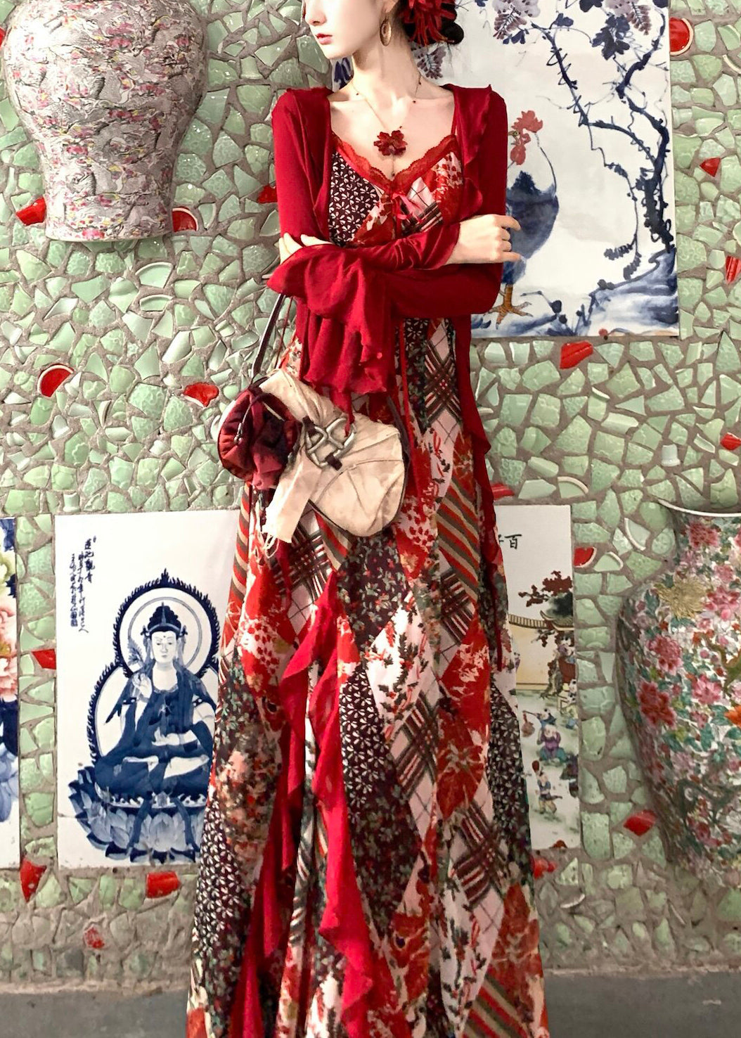 Chic Red Print Exra Large Hem Chiffon Spaghetti Strap Dress Summer