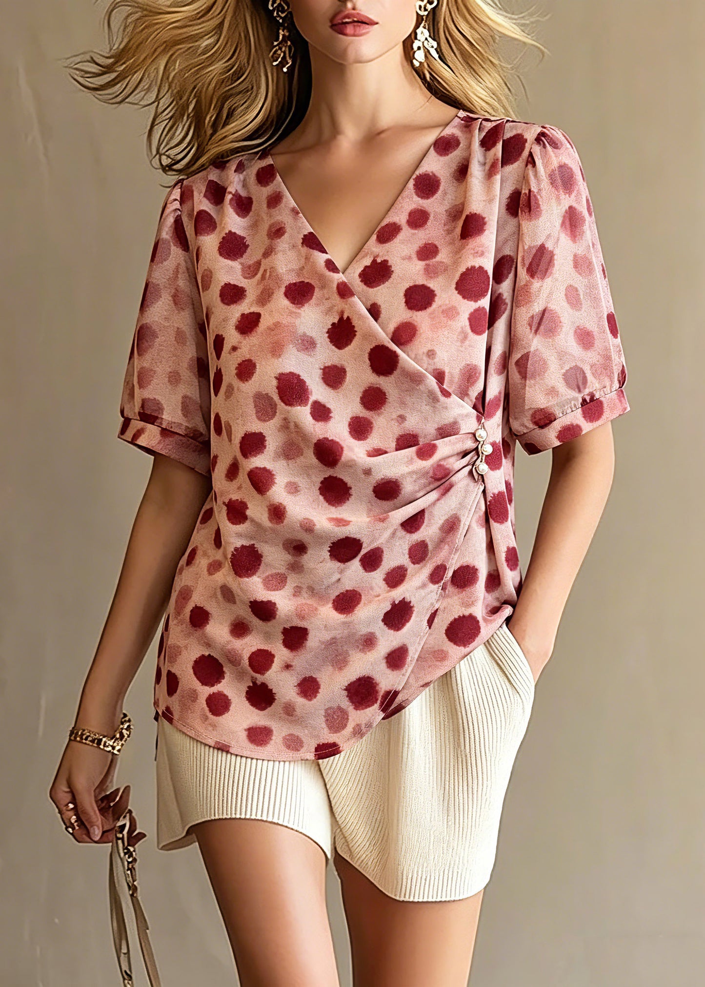 Chic Red V Neck Print Top Summer