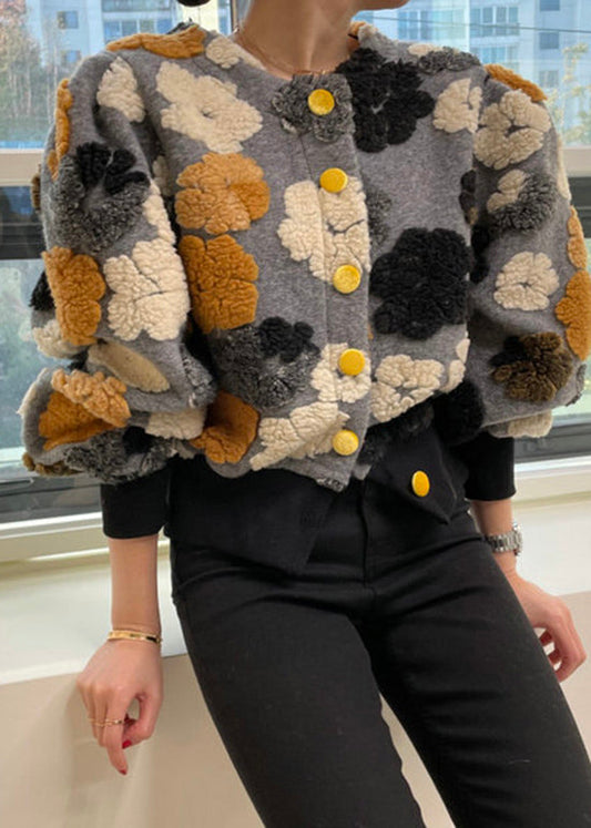 Chic Rose O Neck Button Faux Fur Short Coat Spring