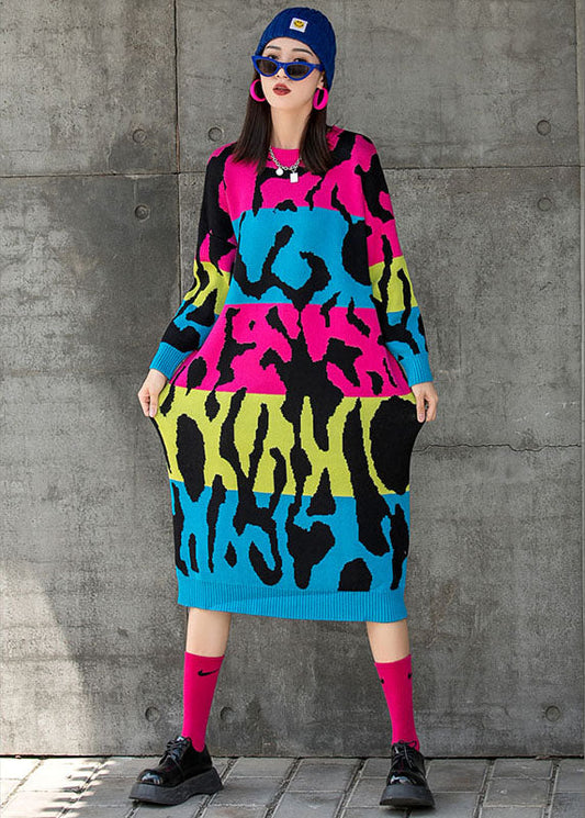 Chic Rose O-Neck Loose Knit Fall Straight Maxi Dress Long sleeve