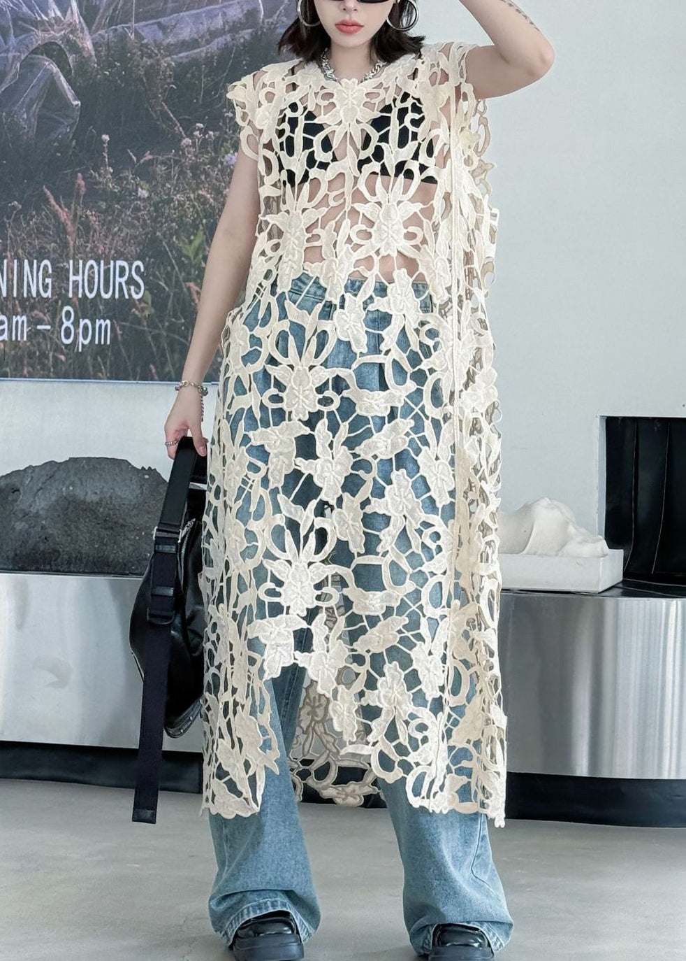 Chic Sexy Khaki O Neck Hollow Out Lace Long Dress Summer