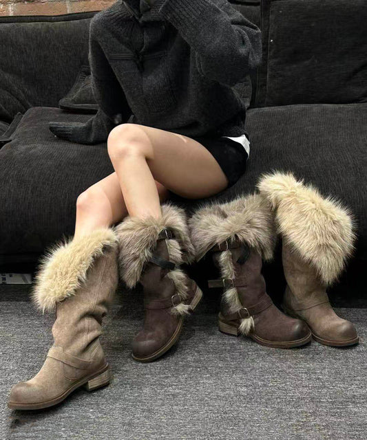 Chic Suede Grey Suede Splicing Boots Fuzzy Wool Lined