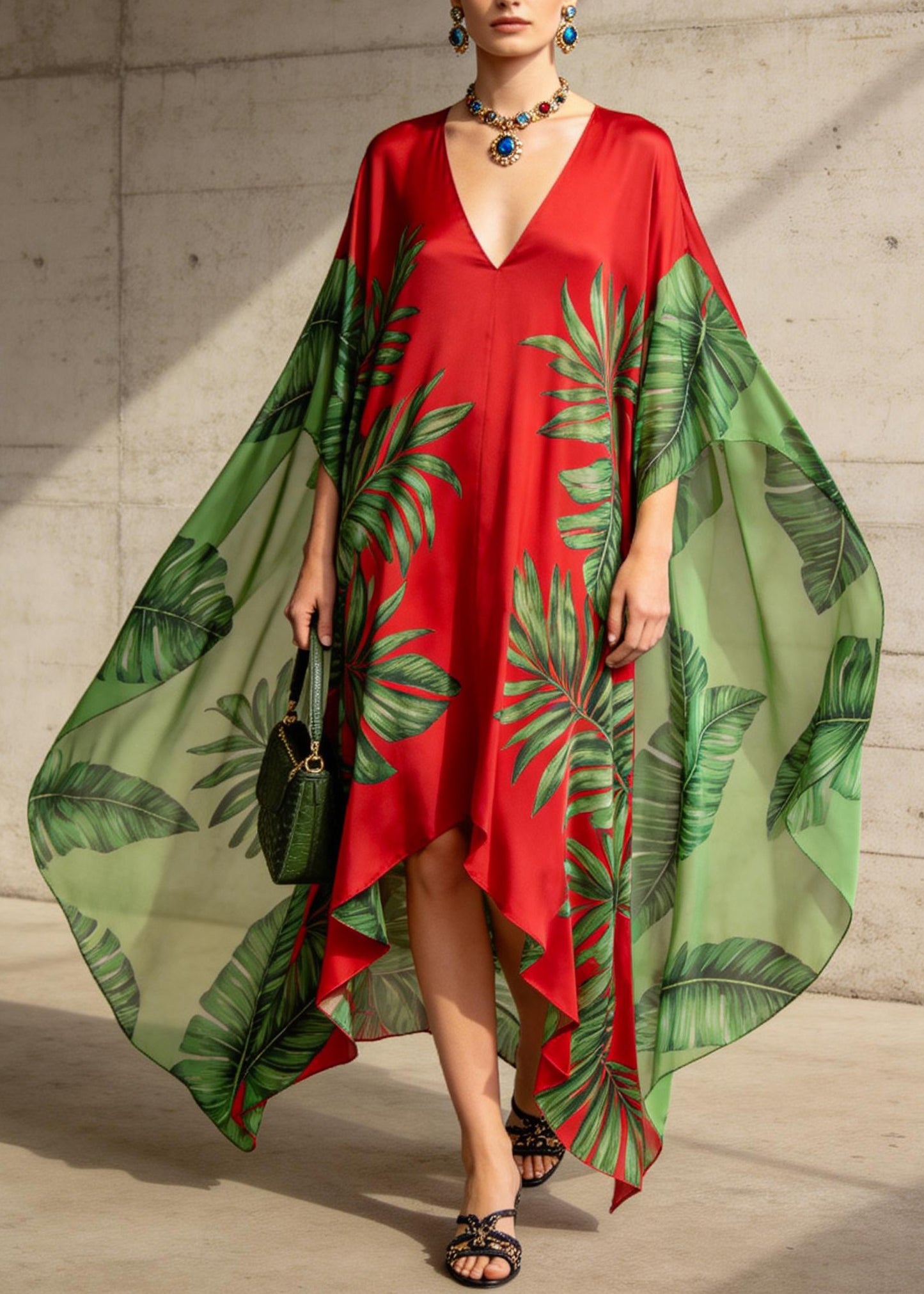 Chic V Neck Asymmetrical Design Print Chiffon Ankle Dress Summer