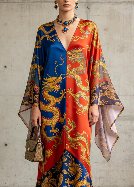 Chic V Neck Oriental Print Chiffon Summer Long Dress