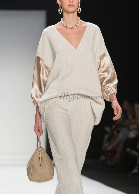 Chic V Neck Patchwork Linen Silk Two Pieces Set Spring