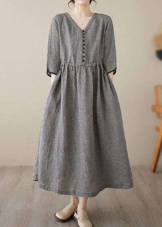 Chic V Neck Plaid Patchwork Button Linen Maxi Dresses Summer