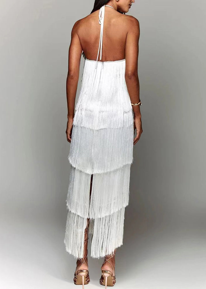 Chic White Backless Tasseled Halter Dress Summer