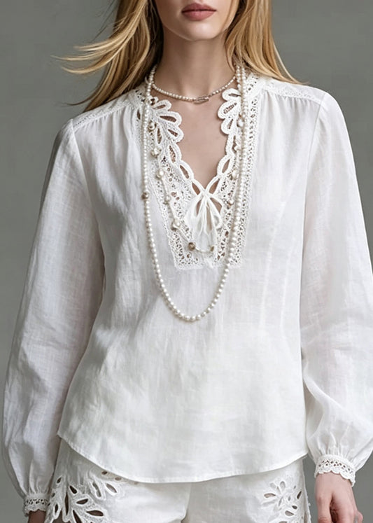 Chic White Hollow Out Top And Shorts Two Pieces Set Lantern Sleeve