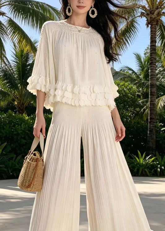 Chic White Nail Bead Wrinkled Petal Two Piece Set Outfits Summer