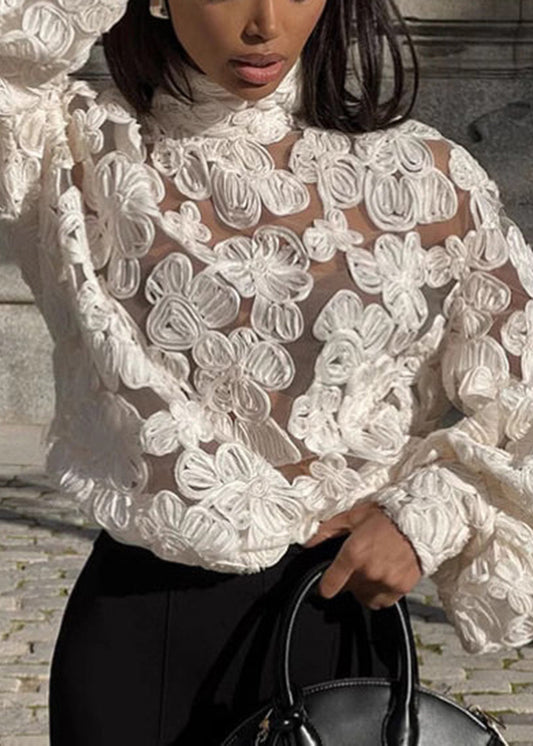 Chic White Notched Floral Lace Top Lantern Sleeve