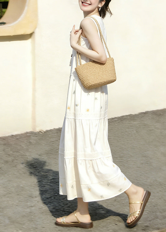 Chic White Patchwork Print O-Neck Lace Up Dresses Sleeveless