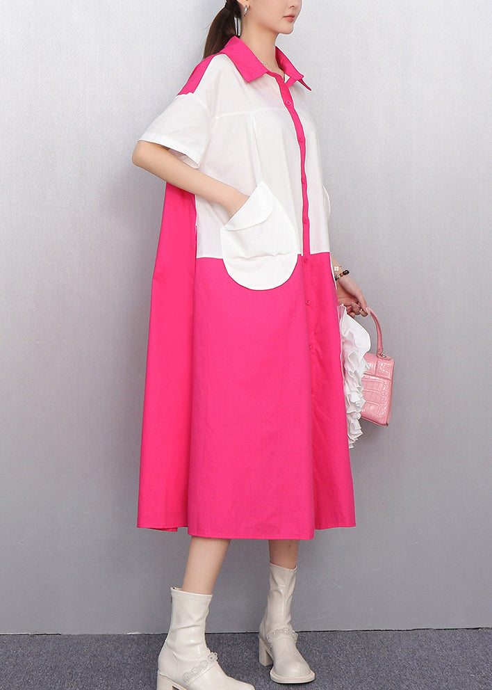 Chic White Pocket Cascading Ruffle Rose Shirt Dress Summer