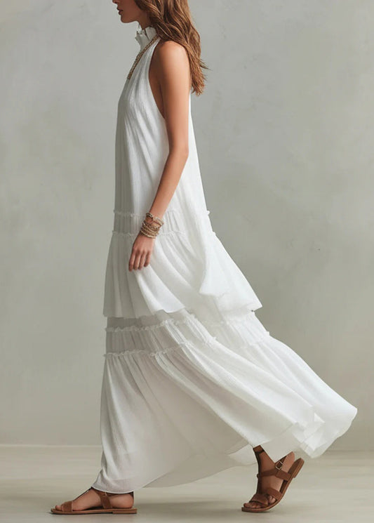 Chic White Ruffled Patchwork Cotton Maxi Dresses Sleeveless