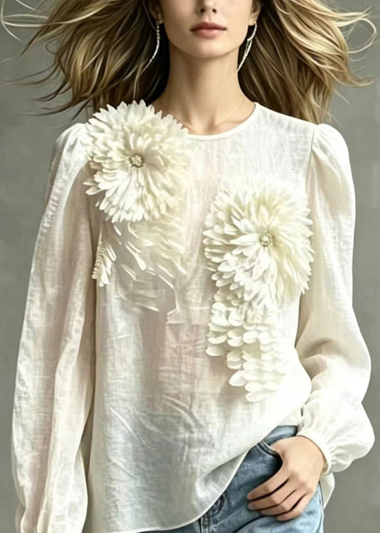 Chic White Stereoscopic Floral Sheer Chiffon With Cami Two Pieces Set Puff Sleeve