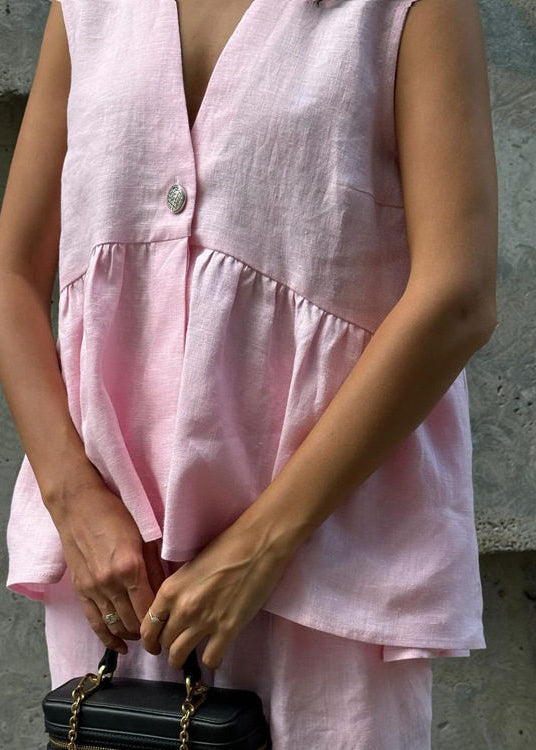 Chic White V Neck Oversized Linen Two Pieces Set Sleeveless