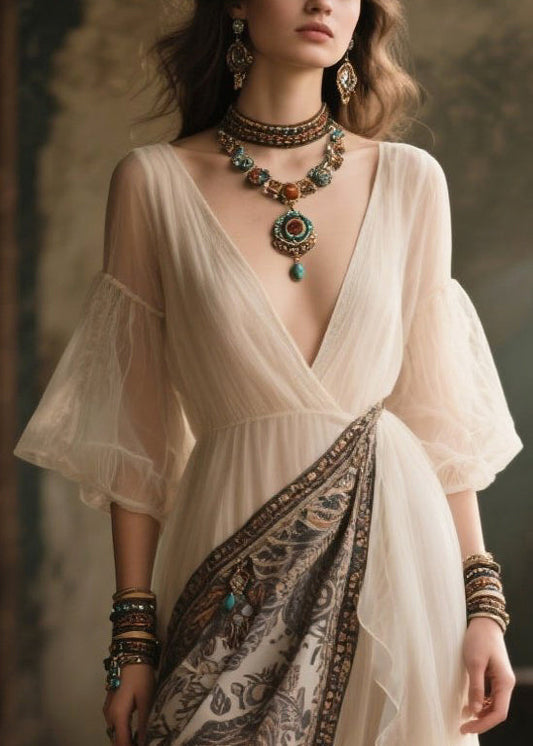 Chic White V Neck Patchwork Chiffon Holiday Dress Summer