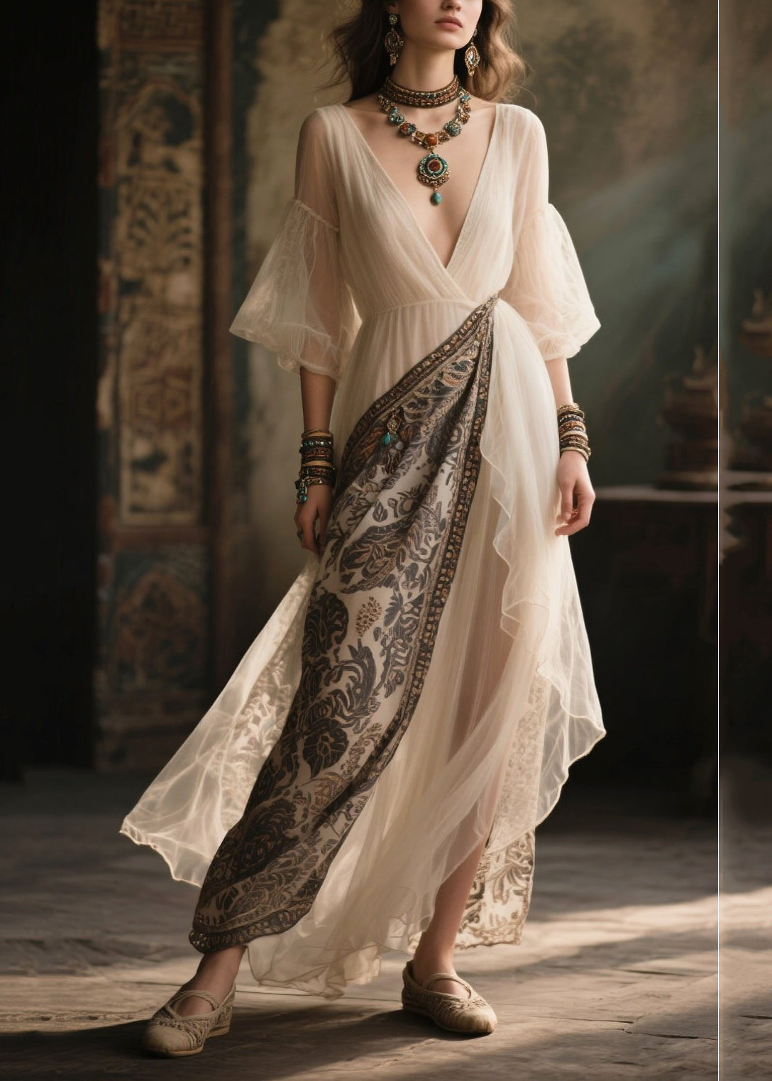 Chic White V Neck Patchwork Chiffon Holiday Dress Summer