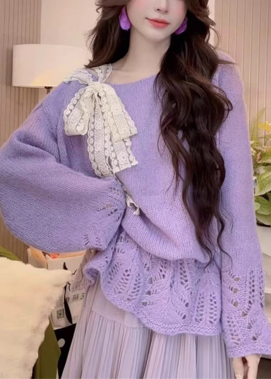 Chic Yellow Hollow Out Bow Knit Sweaters Spring