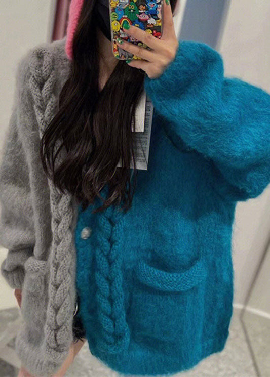 Chic Yellow V Neck Patchwork Button Cozy Cotton Knit Cardigans Winter