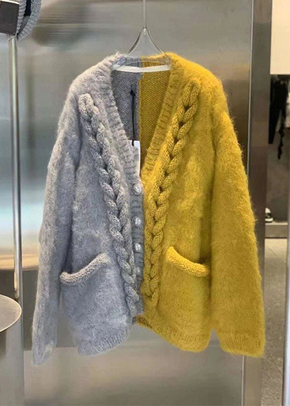 Chic Yellow V Neck Patchwork Button Cozy Cotton Knit Cardigans Winter