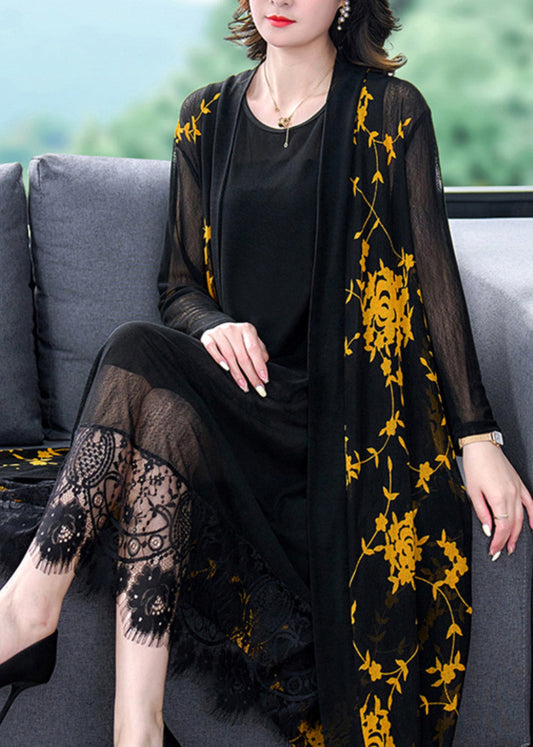 Chic Yellow V Neck Print Tulle Long Sunscreen Cardigans Long Sleeve