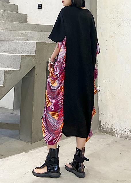 Chic black patchwork print cotton Wardrobes o neck Maxi summer Dresses - SooLinen