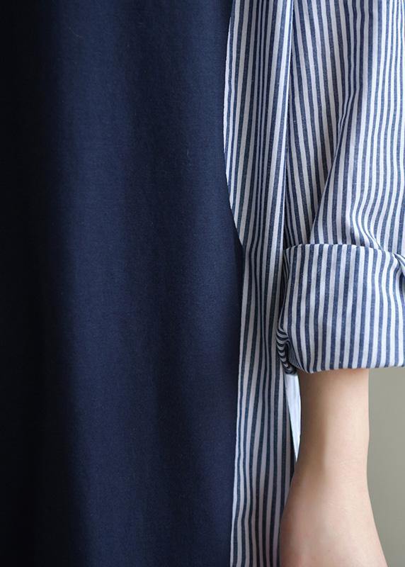 Chic lapel patchwork Cotton for women Work Outfits navy striped Dress spring - SooLinen