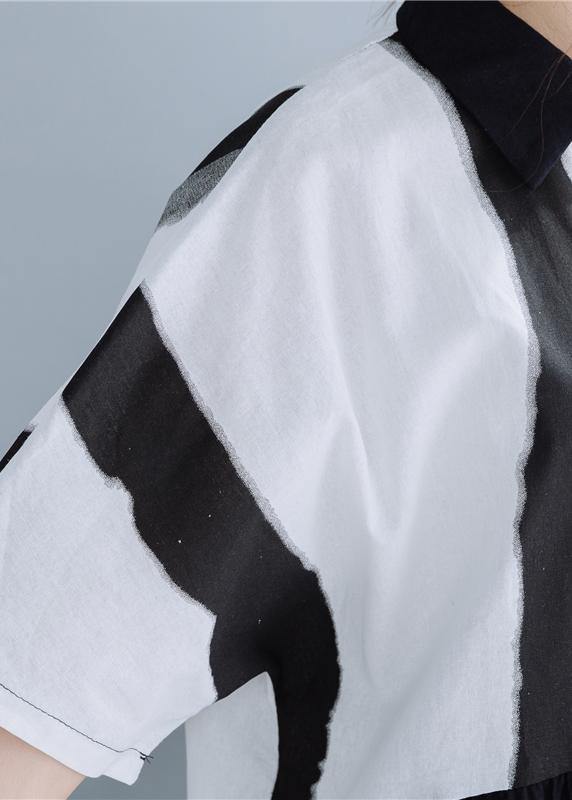 Chic lapel patchwork linen dresses Neckline black striped Dress summer - SooLinen