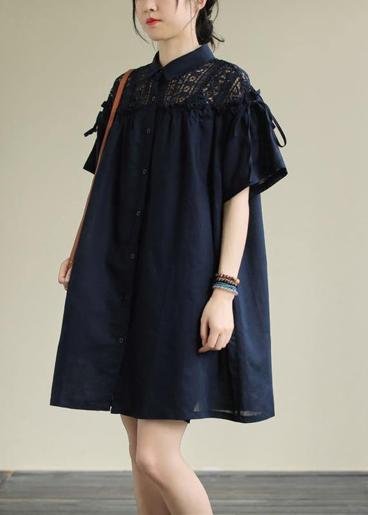 Chic navy linen dress lapel patchwork hollow out daily summer Dress - SooLinen