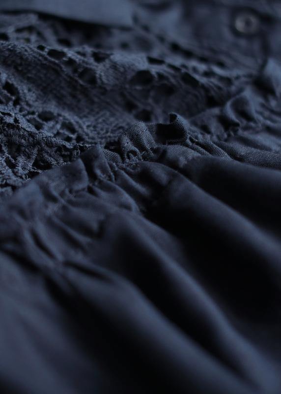 Chic navy linen dress lapel patchwork hollow out daily summer Dress - SooLinen