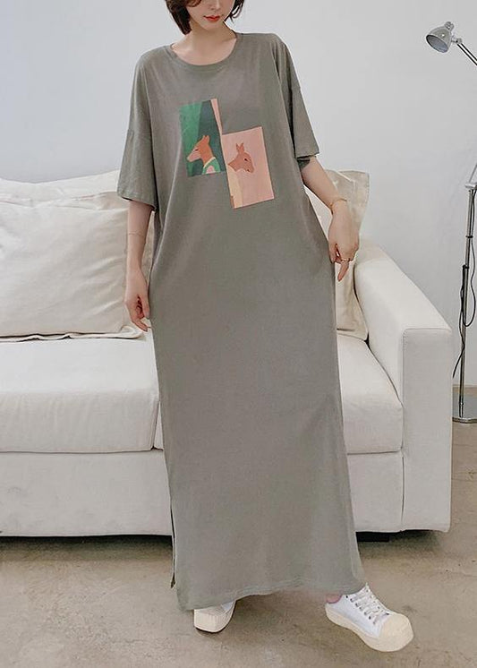 Chic o neck side open clothes Catwalk gray Animal print Plus Size Dresses - SooLinen