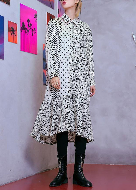 Chic patchwork Cotton tunic dress Sleeve white dotted Dress summer - SooLinen