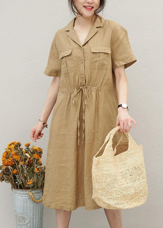 Chic purple linen clothes For Women drawstring Notched cotton summer Dress - SooLinen