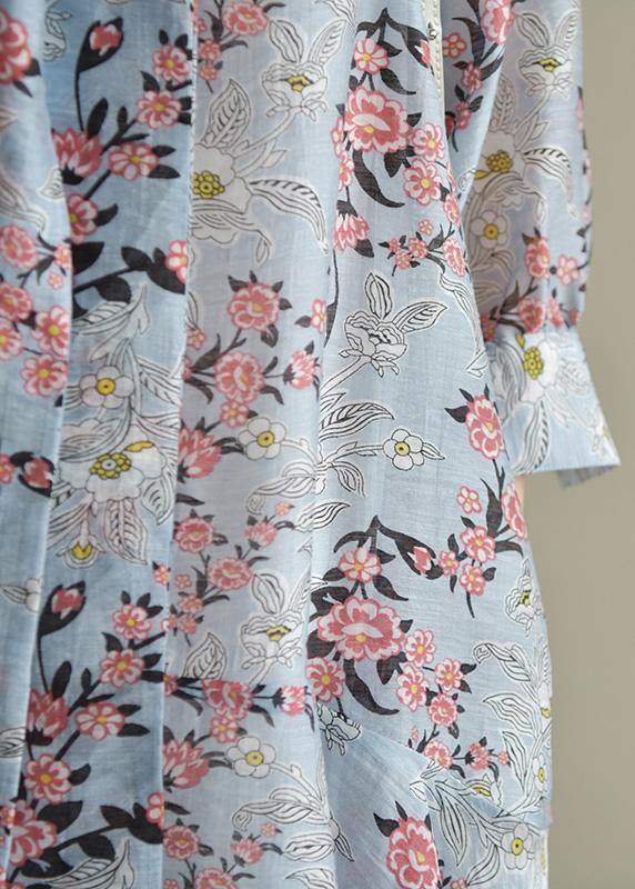 Chic stand collar half sleeve light blue print Dress summer - SooLinen