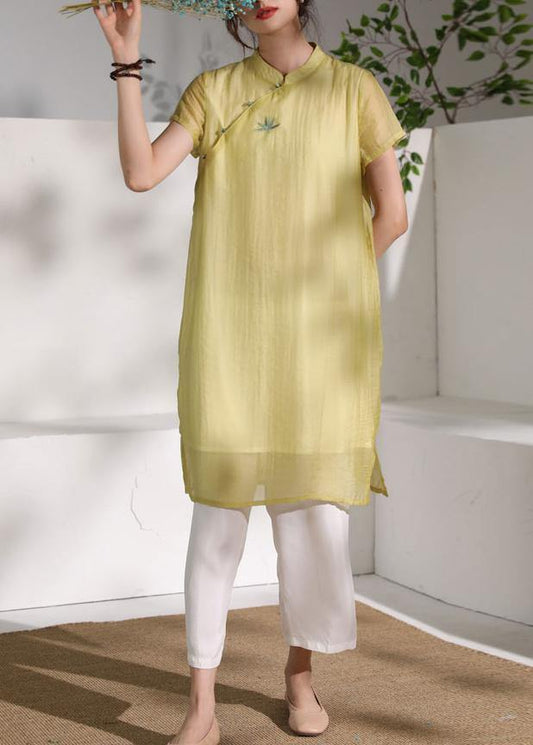 Chic stand collar summer Outfits yellow embroidery Dress - SooLinen