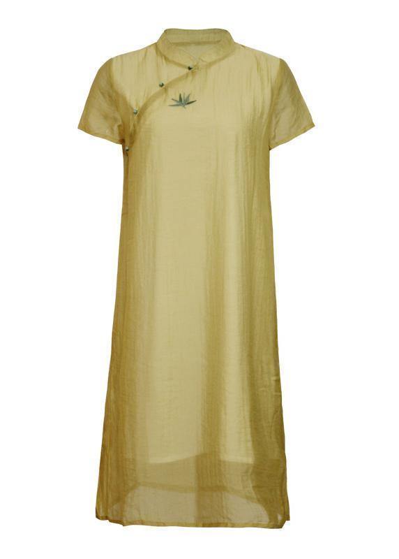 Chic stand collar summer Outfits yellow embroidery Dress - SooLinen