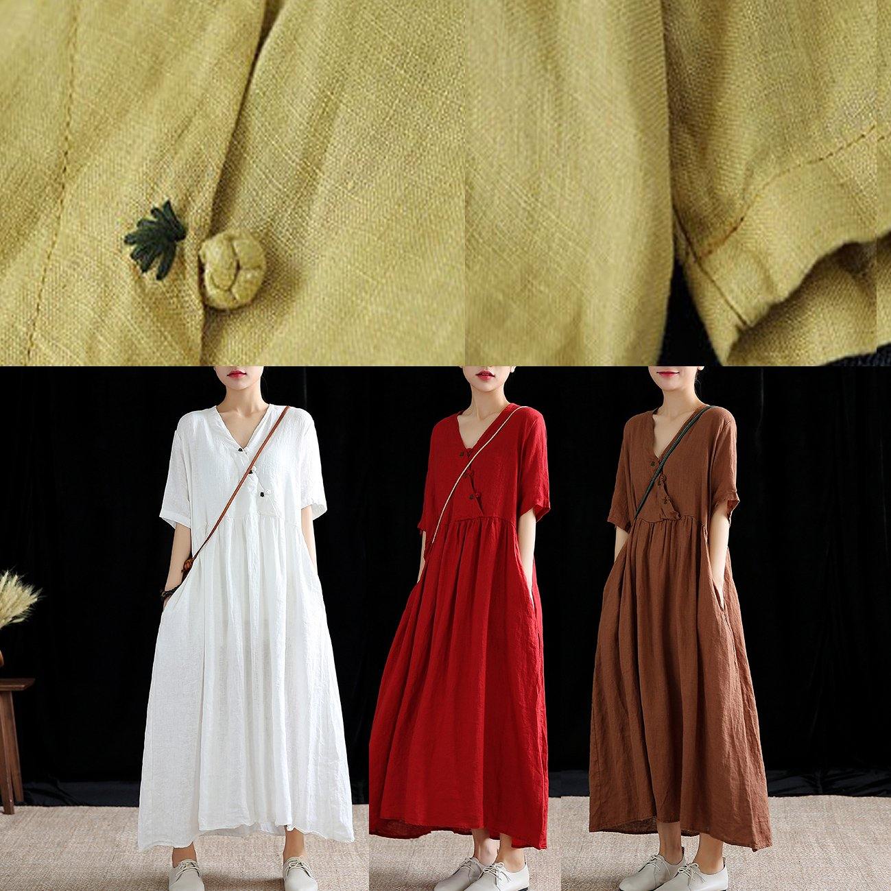 Chic v neck exra large hem linen dresses Work white Dresses summer - SooLinen