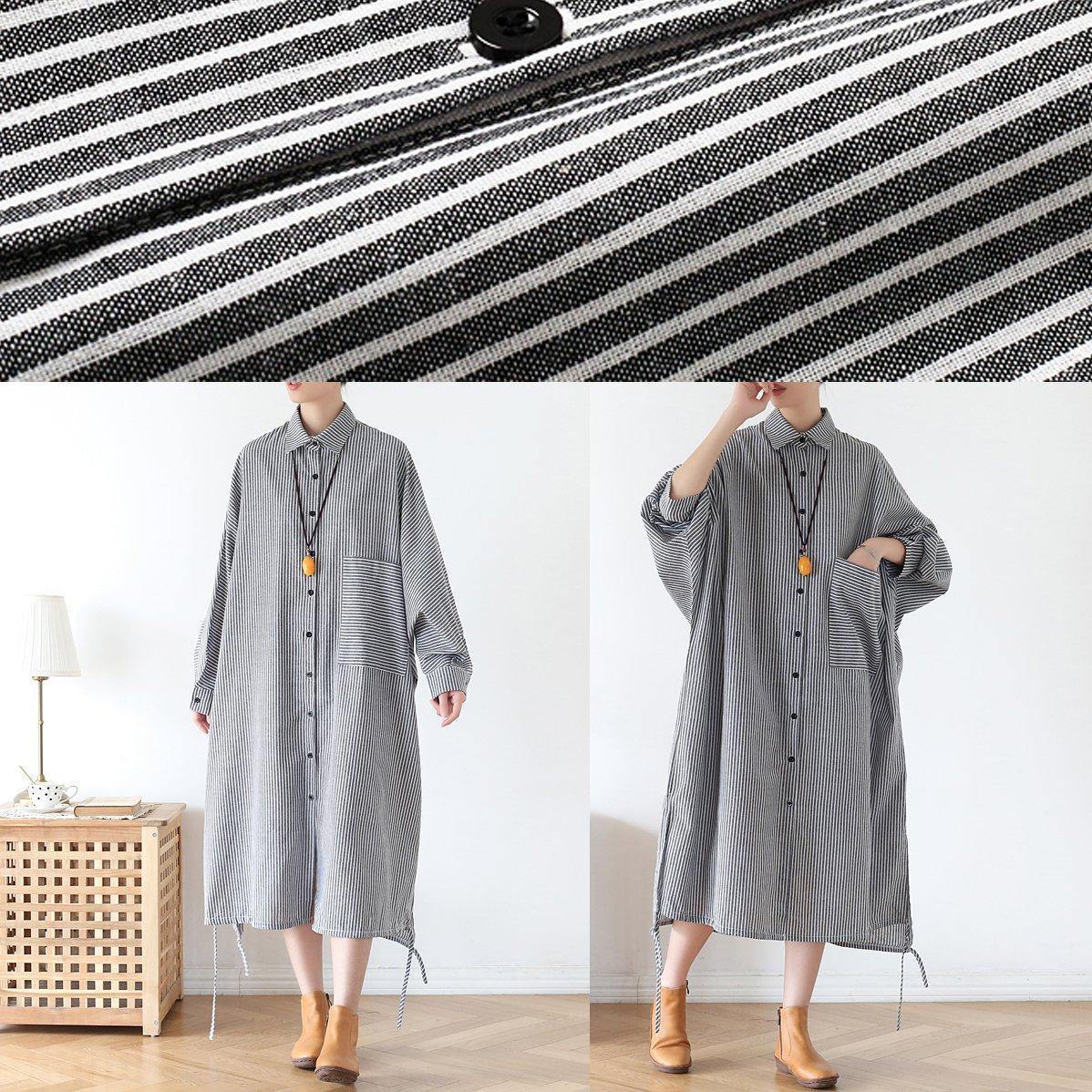 Chic white striped outfit lapel Batwing Sleeve Art fall Dress - SooLinen