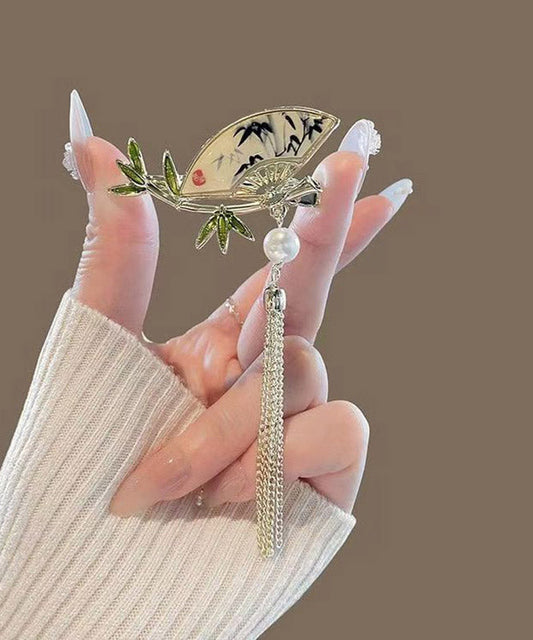 Chinese Style Alloy Pearl Bamboo Leaf Fan-Shaped Tassel Hairpin