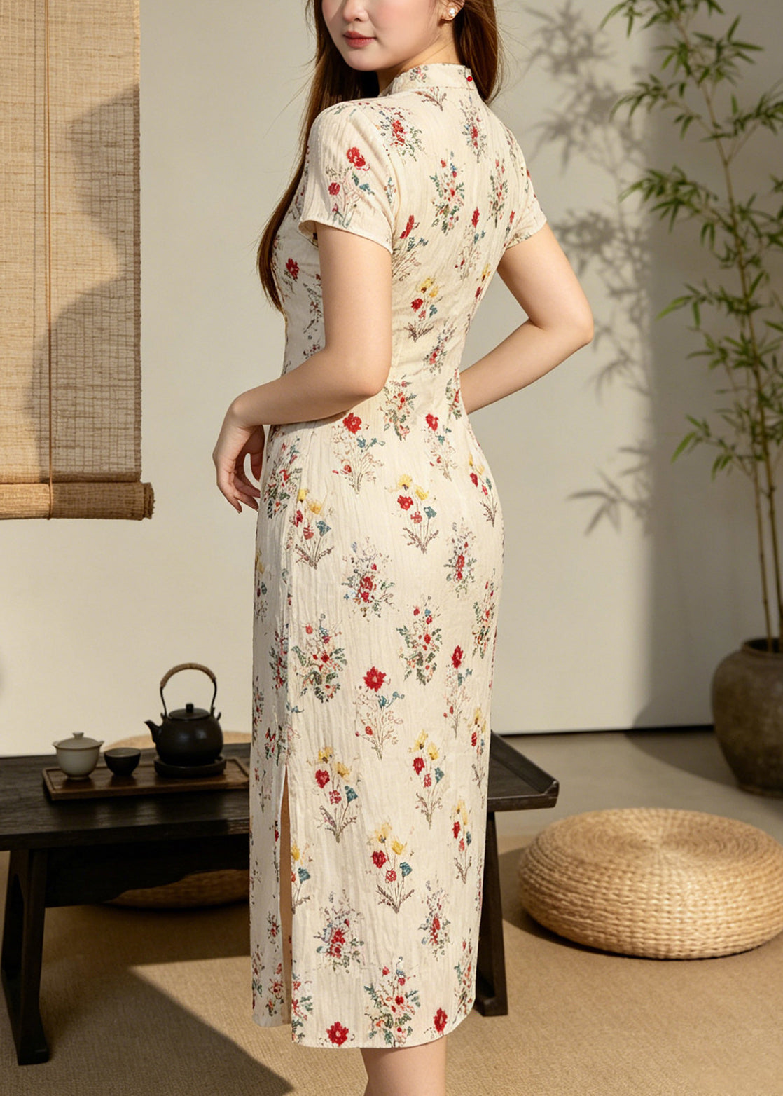 Chinese Style Apricot Print Wrinkled Chiffon Long Dresses Summer