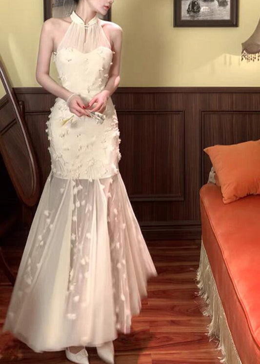 Chinese Style Apricot Stand Collar Tulle Holiday Maxi Dress Summer