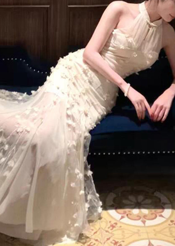 Chinese Style Apricot Stand Collar Tulle Holiday Maxi Dress Summer