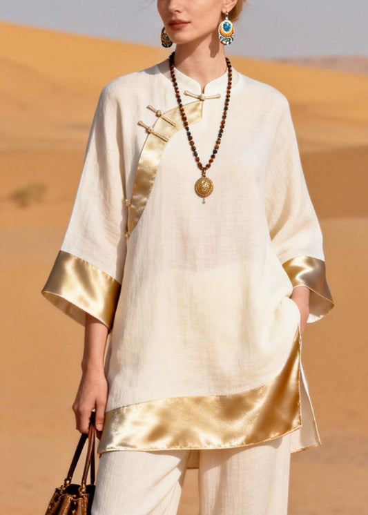 Chinese Style Beige Side Open Silk Patchwork Two Pieces Set Stand Collar Bracelet Sleeve