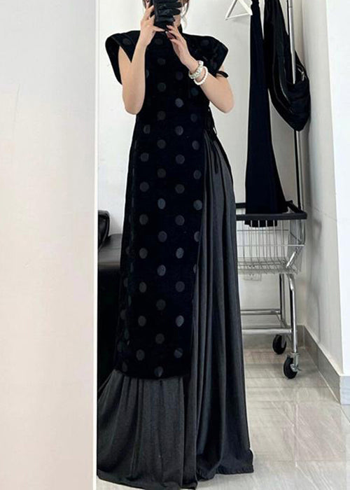 Chinese Style Black Asymmetrical Lace Up Cotton Dress Summer